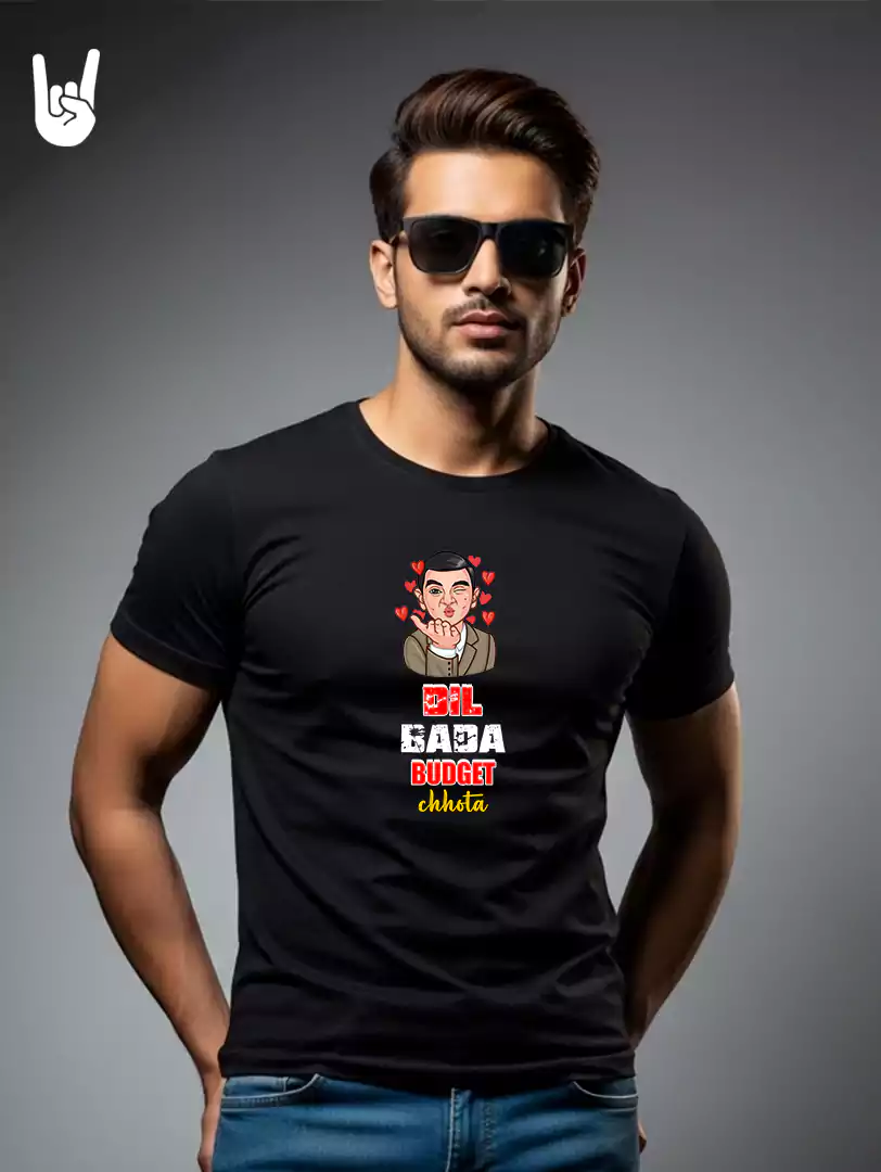 Dil Bada Budget Chhota Hindi printed black t-shirt for men